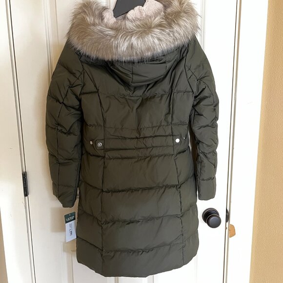 NWT Ralph Lauren women's Faux-Fur-Trim Hooded Down Puffer Coat - Olive Size PL - Picture 14 of 14